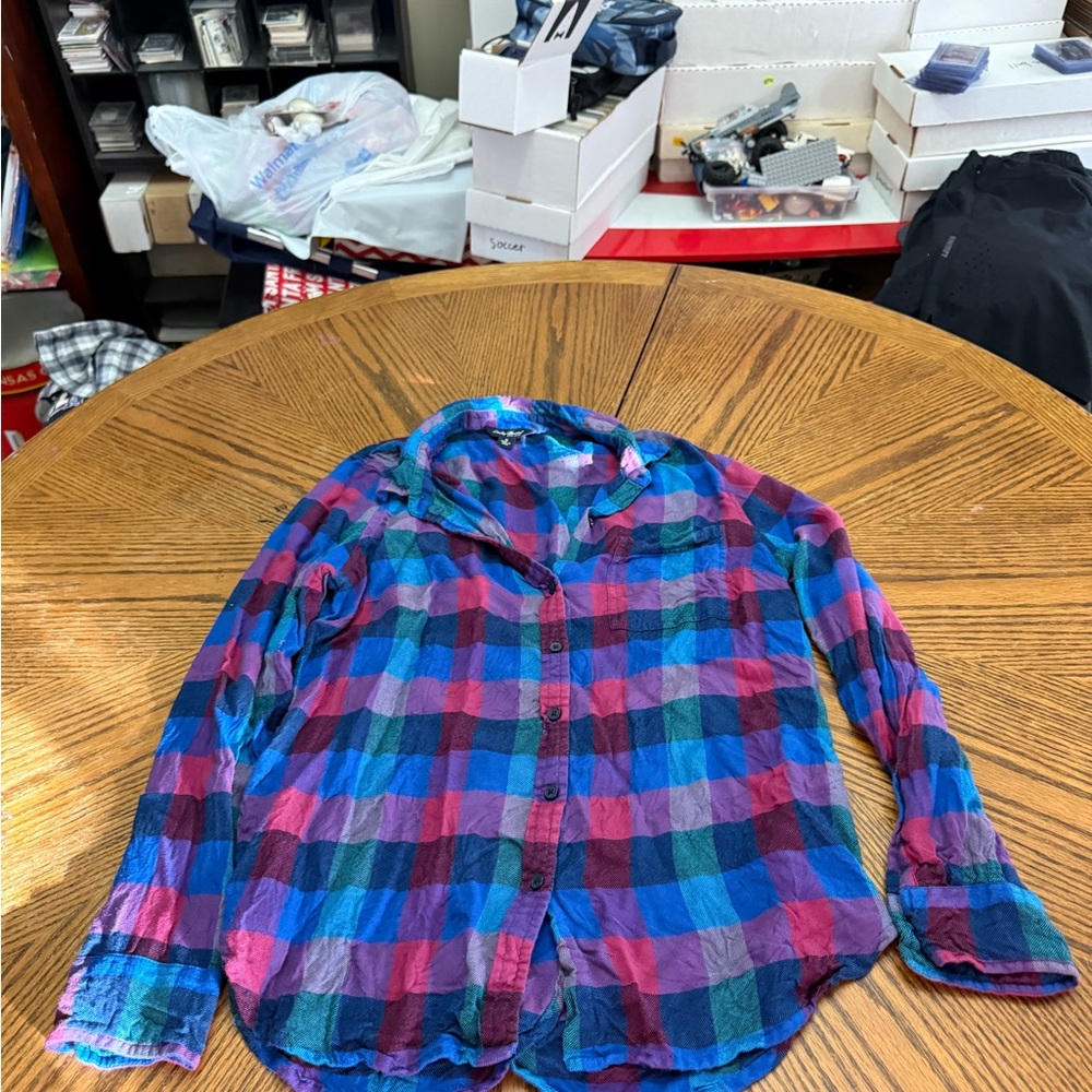 Lucky Brand Women's Blue and Pink Plaid Button Down Shirt